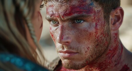 Poster - Intense close-up portrait of a battle-worn man