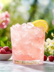 refreshing pink lemonade cocktail with fresh raspberries