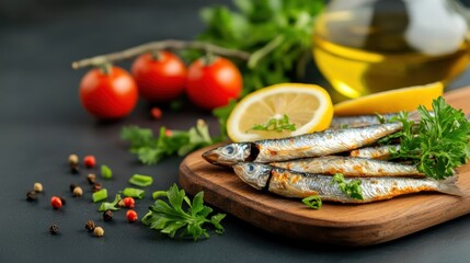 Fresh fish with herbs, tomatoes, and lemon on a wooden cutting board.