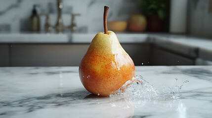 Pear resting on a marble countertop in a modern kitchen with a knife midair slicing through the fruit frozen in motion blending minimalism with a dynamic energy Scientific name Pyrus communis