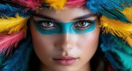 Poster - Vibrant portrait of a person with colorful feathered headdress