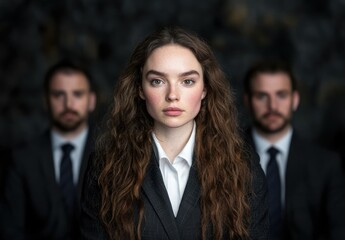 Poster - Serious young woman in business attire with two men in background