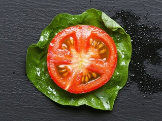 Poster - fresh tomato slice on green lettuce leaf