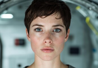 Wall Mural - Thoughtful young woman with freckles and piercing blue eyes