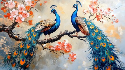 Canvas Print - Two Peacocks Perched on a Branch with Blossoms