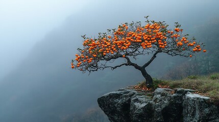 Persimmon tree growing wild on the edge of a cliff overlooking a misty valley with the fruit glowing faintly in the dawn light representing resilience and natural beauty Scientific name Diospyros kaki