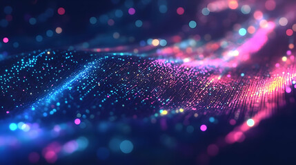 Abstract 3D Rendering of a Wavy Surface with a Glowing Particle Texture in Blue and Pink Colors