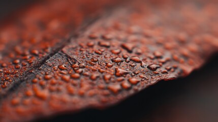 The intricate details of a damp autumn leaf are highlighted, revealing its texture and rich colors in the fall atmosphere