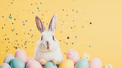 A playful bunny sits among a variety of pastel Easter eggs, creating a cheerful atmosphere filled with springtime joy and celebration