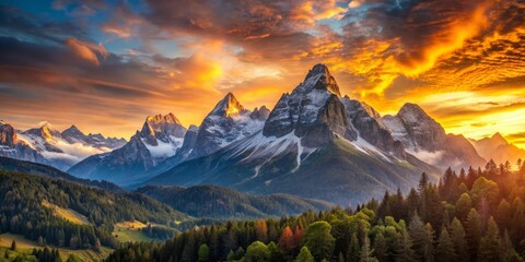 Breathtaking alpine sunrise illuminates towering mountain peaks stretching towards the sky