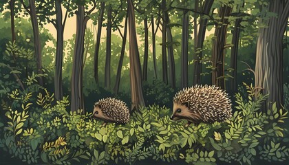 Tranquil forest scene with lush trees and vibrant foliage, featuring two hedgehogs strolling through the undergrowth, symbolizing nature and friendship