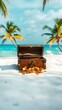 © Jim - A small wooden treasure chest overflowing with gold coins on a sandy beach with clear blue water and palm trees under a sunny sky. Generative AI