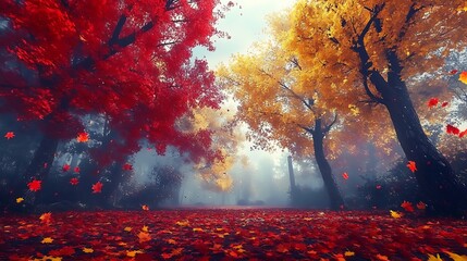 Wall Mural - Autumnal Forest Pathway with Falling Leaves