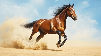 Canvas Print - A Bay Horse Running on a Dusty Path