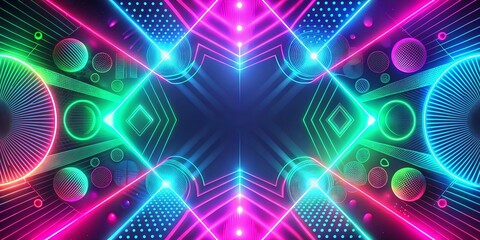 Wall Mural - A symmetrical abstract neon composition with a central void framed by geometric shapes and glowing lines