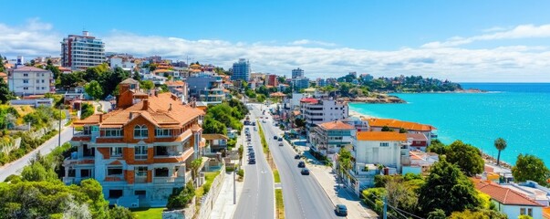 A scenic coastal view featuring vibrant buildings, a bustling road, and clear blue water under a sunny sky.