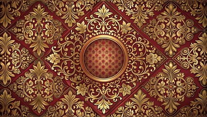 Wall Mural - Intricate Golden Filigree Pattern with a Central Circular Motif on a Rich Red Background