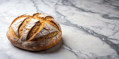 A freshly baked loaf of sourdough bread, with a crispy crust and a soft, airy crumb, sits on a marble countertop. The bread is dusted with flour, adding to its rustic charm.