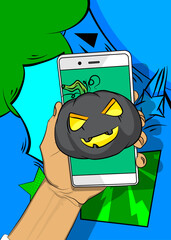 Cartoon Smartphone, comic book Telephone with Halloween Jack O' Lantern Pumpkin. Retro vector comics pop art design.