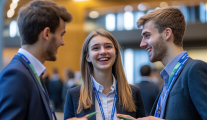 Wall Mural - A lively conversation between three suited professionals at a trade fair, their staff lanyards visible, reflecting the collaborative and laid-back nature of corporate networking events.