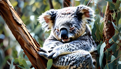 Tranquil koala bear resting in a eucalyptus tree, embodying natures serenity and Australian wildlife.