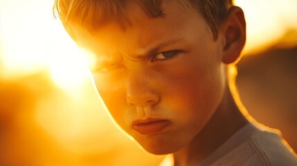 Close-up Portrait of a Young Boy with a Serious Expression at Sunset