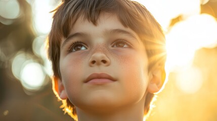 A Close-Up Portrait of a Young Boy Looking Up at the Sun