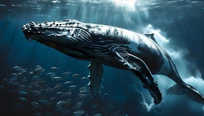 Wall Mural - Whale Breaching Through School of Fish Illuminated by Sunlight in a Mesmerizing Underwater Display