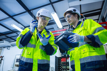 Technician engineer using remote control automation robotics at industrial modern lab factory. Team technological researching and developing working at factory innovation automation robot.