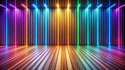 Wall Mural - Wooden floor with neon lights in different colors creating a vibrant and dynamic space