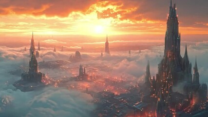 Aufkleber - The sun sets over an enchanting city with towering structures rising above a blanket of clouds, casting a warm glow on the landscape.
