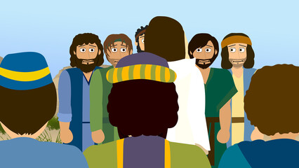 Cartoon Bible illustration of resurrected Jesus speaking to His disciples