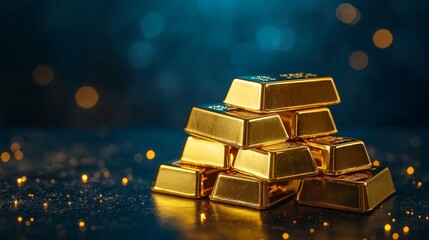 Wall Mural - Stack of Gold Bars on Blue Background with Bokeh Lights