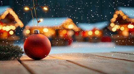 A red Christmas ornament with fairy lights, set against a backdrop of festive market stalls glowing warmly, as gentle snowflakes fall on a winter evening.