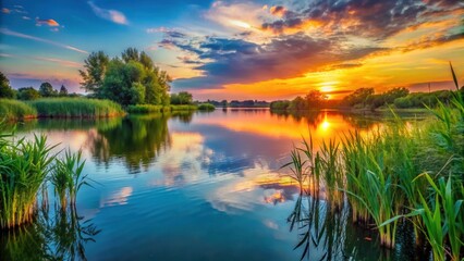 Scenic landscape of a beautiful lake at sunset with colorful reflections on water surface among green reeds, sunset, lake