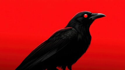 Poster - A black raven perched against a striking red backdrop, showcasing its intricate details.