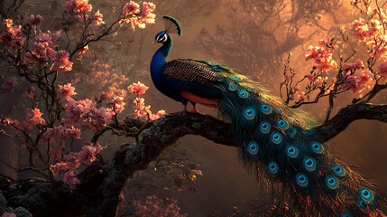 Canvas Print - A Majestic Peacock Amidst Blooming Cherry Blossoms