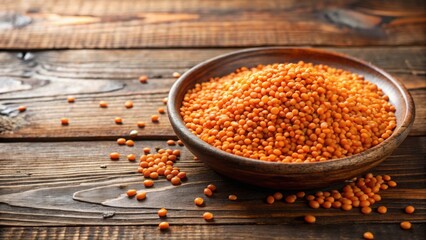 Red lentils displayed beautifully in a clay plate on a wooden table background, red lentils, clay plate, wooden table