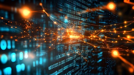 Abstract digital network with glowing lines and nodes over binary code background