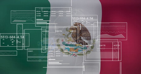 Wall Mural - data processing image over mexican flag with numerical and graphical elements