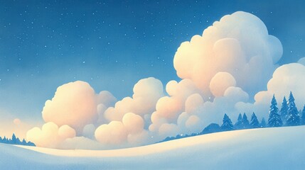 Enchanted cotton candy clouds glowing in the night sky, casting a soft light on a snowy landscape, watercolor style, watercolor illustration, having ample space for text