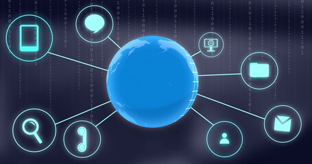 Poster - Image of central blue globe with network of communication icons over binary data