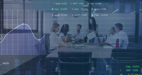 Wall Mural - image of financial data processing over diverse business people in office