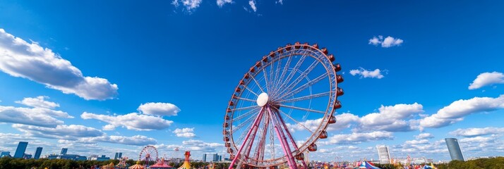 a panoramic view of an Oktoberfest amusement park with colorful rides a Ferris wheel and food stalls selling pretzels and sausages under a clear blue sky with fluffy clouds