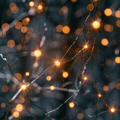 Abstract festive background with warm white string lights blurred bokeh on dark blue background.