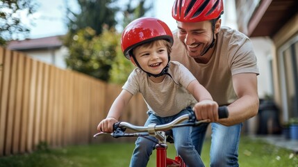 Father his young son riding red bicycle backyard teaches