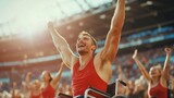 Man wheelchair his arms raised air cheering large Triumphant athlete