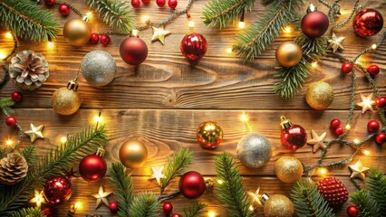 Wall Mural - Festive Christmas decorations including ornaments, lights, and garlands , Christmas, holiday, decorations, ornament, lights