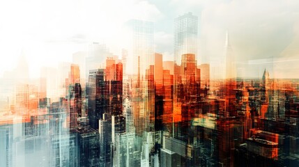 abstract business modern background with cityscape double exposure. 