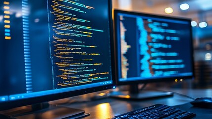 Two computer monitors displaying code their screens are Innovative software engineering: dynamic